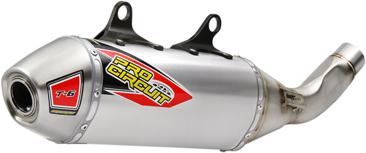 PRO CIRCUIT T-6 stainless slip-on muffler for motorcycles, showcasing the sleek silencer design with branding details.