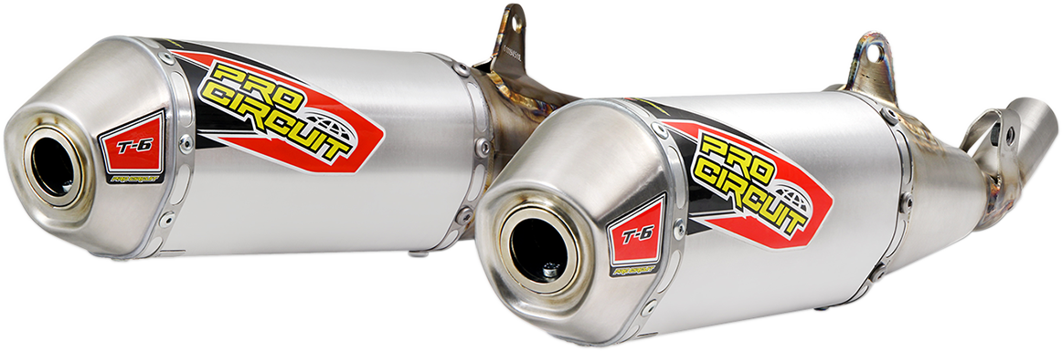 Stainless slip-on silencer for motorcycle exhaust by PRO CIRCUIT, part T-6, featuring a sleek, polished design.