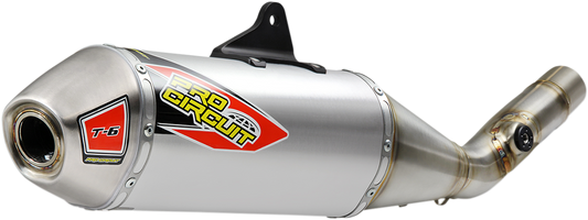 Pro Circuit T-6 motorcycle muffler for enhanced performance, shown with sleek metal finish and branding details.