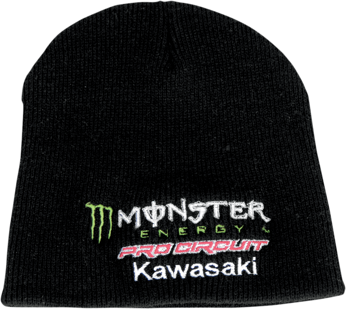 Black PRO CIRCUIT Monster Team Beanie with embroidered race sponsor logos, designed for motocross and racing fans.