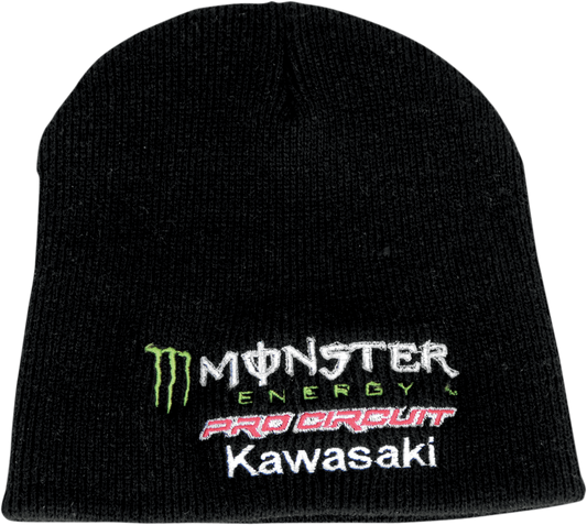 Black PRO CIRCUIT Monster Team Beanie with embroidered race sponsor logos, designed for motocross and racing fans.