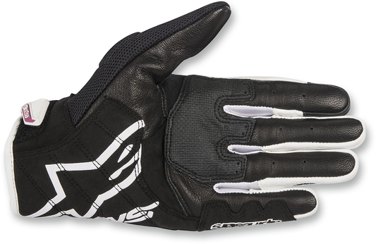 Black and white ALPINESTARS Women Stella SMX-2 Air Carbon V2 motorcycle gloves, large size, with protective carbon panels.