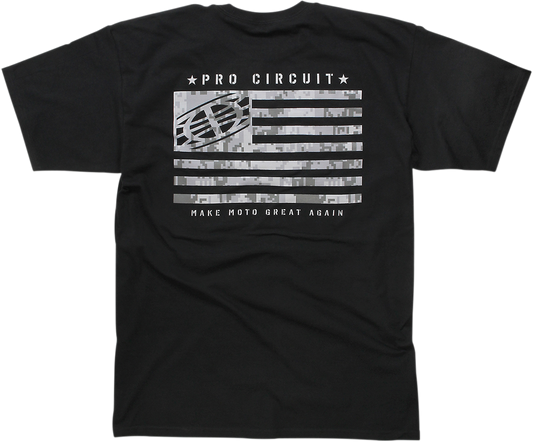 Black PRO CIRCUIT flag T-shirt, large size, featuring the brand logo and design on the front.