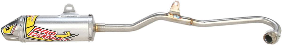 Pro Circuit T-4 exhaust system in black with polished muffler for enhanced motorcycle performance and durability.