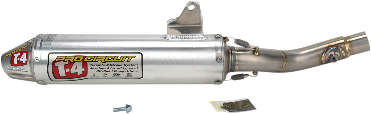 Pro Circuit T-4 Silencer for OEM and Pro Circuit head pipes, showing the black metal exhaust muffler with mounting details.