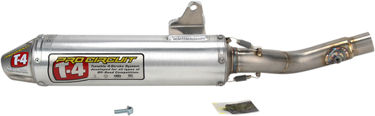 Pro Circuit T-4 Silencer for OEM and Pro Circuit head pipes, showing the black metal exhaust muffler with mounting details.