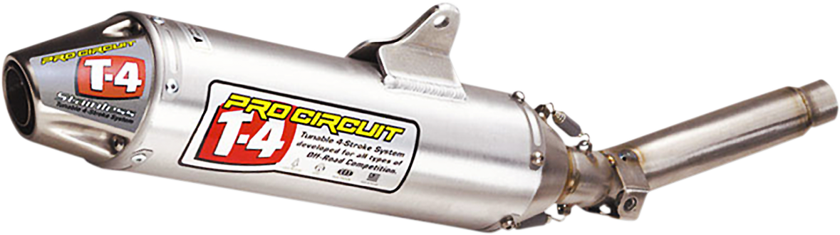 Pro Circuit T-4 Silencer for 4-stroke motorcycles, showing the black and silver exhaust muffler with branding details.