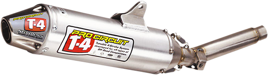 Pro Circuit T-4 Silencer for 4-stroke motorcycles, showing the black and silver exhaust muffler with branding details.