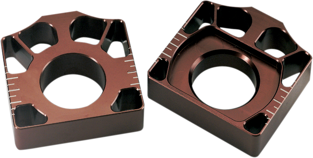 PRO CIRCUIT Honda HAB00 red axle blocks for rear wheel alignment, enhancing stability and precision for motorcycle maintenance.