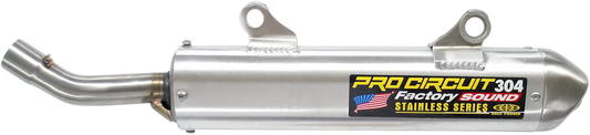 Pro Circuit 304 Silencer motorcycle exhaust system with sleek design and polished finish for enhanced performance and sound.