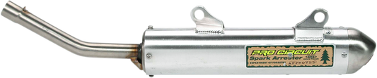 Pro Circuit spark arrestor silencer for CR250R 97-98 motorcycle, showing the metal exhaust part with mounting details.