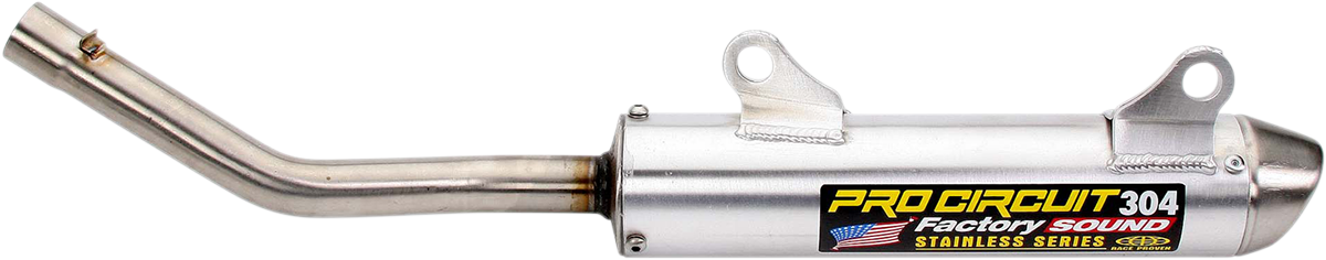 Pro Circuit 304 Silencer SH99250-SE for motorcycle, showing the black metal muffler with mounting hardware and branding details