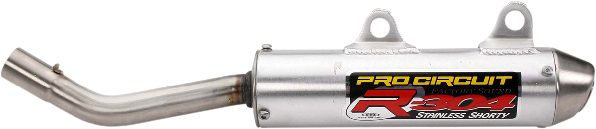 Pro Circuit R-304 silencer for two-stroke racing engines, showing sleek metal construction and branding details.