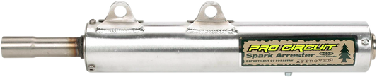 Pro Circuit spark arrestor silencer for KDX 200/250 motocross bikes, shown in close-up with mounting details.