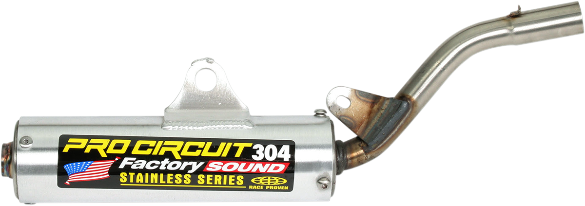 Pro Circuit 304 Silencer for motorcycle, featuring sleek metallic finish and compact design for improved top-end power and noise reduction.