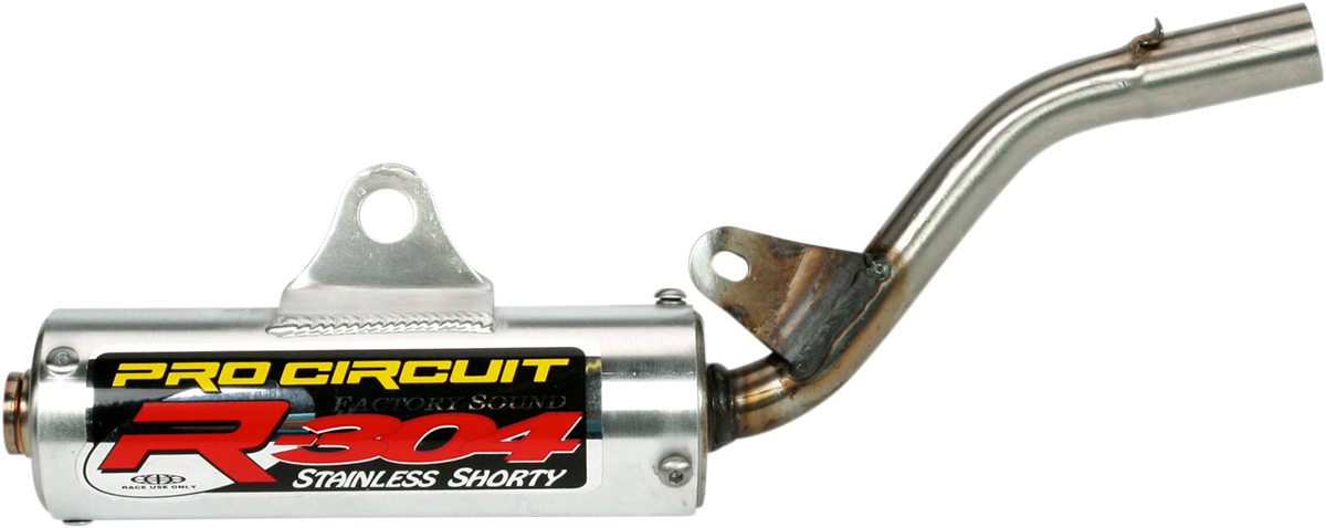PRO CIRCUIT R-304 two-stroke silencer for closed-course racing, shown from side view with brand logo visible.