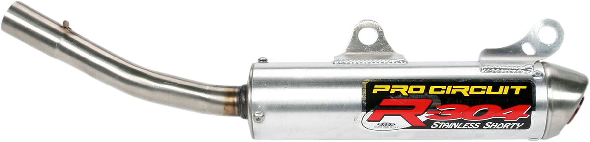Pro Circuit R-304 silencer for two-stroke racing engines, compact metal exhaust with branding details visible.