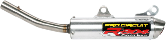 Pro Circuit R-304 silencer for two-stroke racing engines, compact metal exhaust with branding details visible.