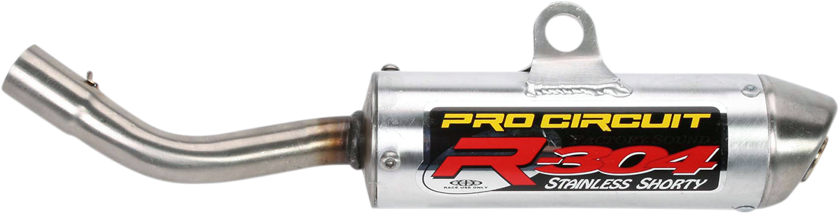 Pro Circuit R-304 Silencer SS02125-RE for two-stroke engines, showcasing the stainless steel construction and mounting details.