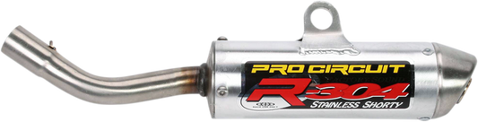 Pro Circuit R-304 Silencer SS02125-RE for two-stroke engines, showcasing the stainless steel construction and mounting details.