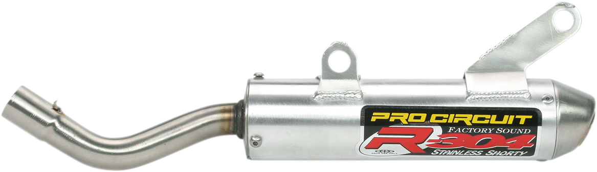 Pro Circuit R-304 Silencer SS02250-RE for two-stroke engines, showing the stainless steel exhaust silencer with mounting components.