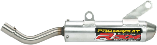 Pro Circuit R-304 Silencer SS02250-RE for two-stroke engines, showing the stainless steel exhaust silencer with mounting components.
