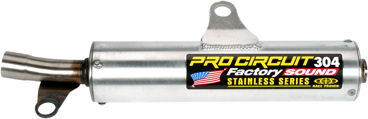 PRO CIRCUIT SS89250-304 silencer for motorcycle, featuring stainless steel construction to improve top-end performance and reduce noise