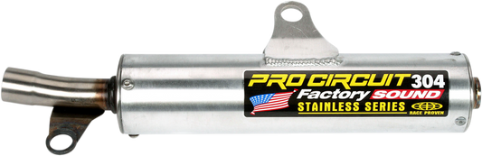 PRO CIRCUIT SS89250-304 silencer for motorcycle, featuring stainless steel construction to improve top-end performance and reduce noise