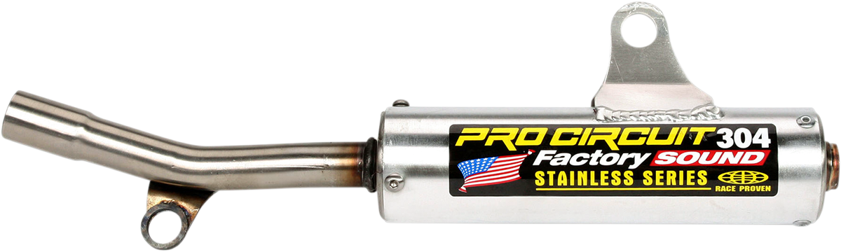 Pro Circuit 304 Silencer SS93125-304 for motorcycle exhaust system, showcasing its stainless steel construction and compact design.