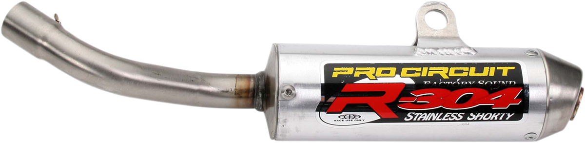 PRO CIRCUIT R-304 silencer for two-stroke engines, compact aluminum design, ideal for racing performance.
