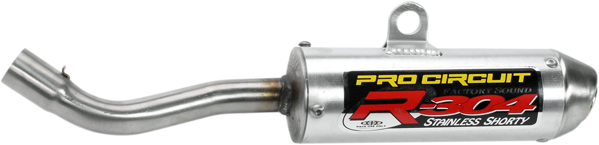 Pro Circuit R-304 silencer for two-stroke racing engines, showing the sleek metal design with branding details.