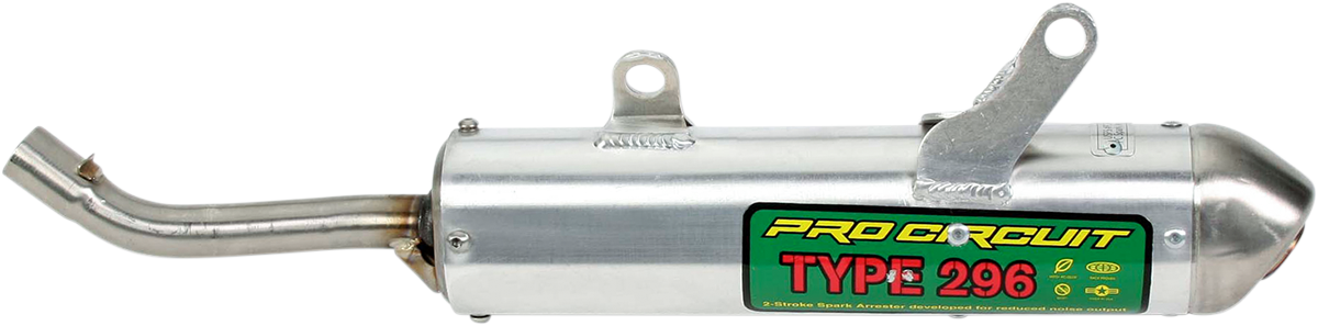 Pro Circuit Type 296 spark arrestor silencer for off-road motorcycles, designed to reduce noise during riding.