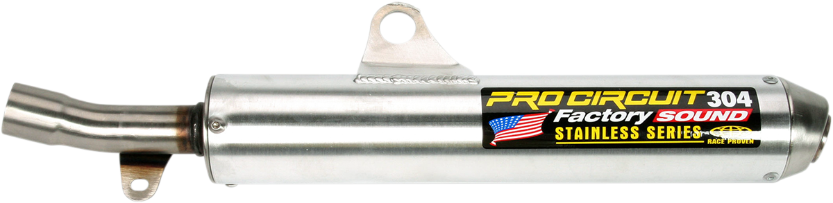 PRO CIRCUIT 304 Silencer for motorcycles, showing the sleek black exhaust muffler with silver branding and precise design.