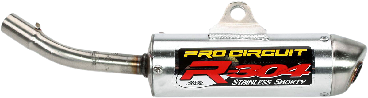 Pro Circuit R-304 Silencer for two-stroke racing engines, cylindrical metal exhaust component with mounting brackets.
