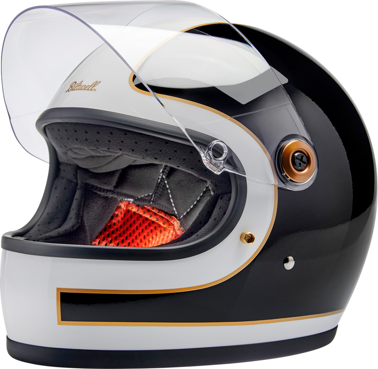 BILTWELL Gringo S helmet in gloss white and black tracker design, XL size, motorcycle helmet with a sleek, protective shell.