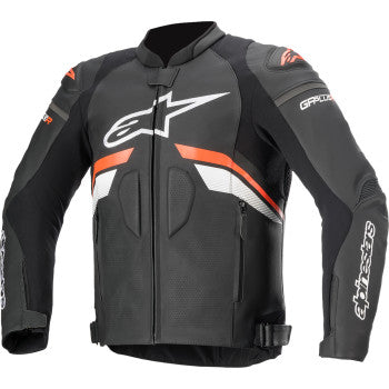 Alpinestars GP Plus R v3 leather motorcycle jacket in black, red, and white, US 44 / EU 54, displayed on a hanger.