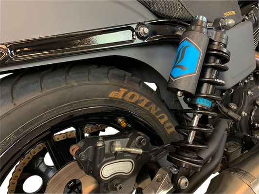 Legend Suspension Revo ARC piggyback shocks for Harley-Davidson Dyna, 13-inch black suspension shocks with adjustable ARC features