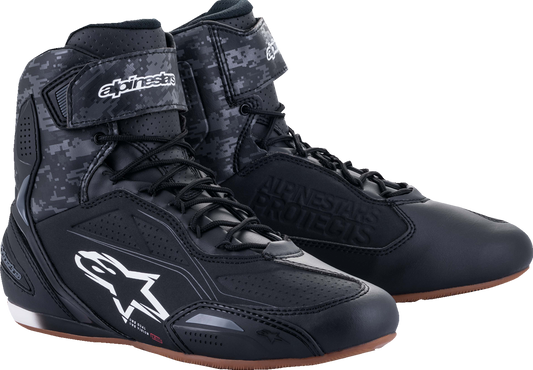 Alpinestars Faster-3 black and gray athletic shoes with sleek design, US size 9, featuring breathable material and sporty style.