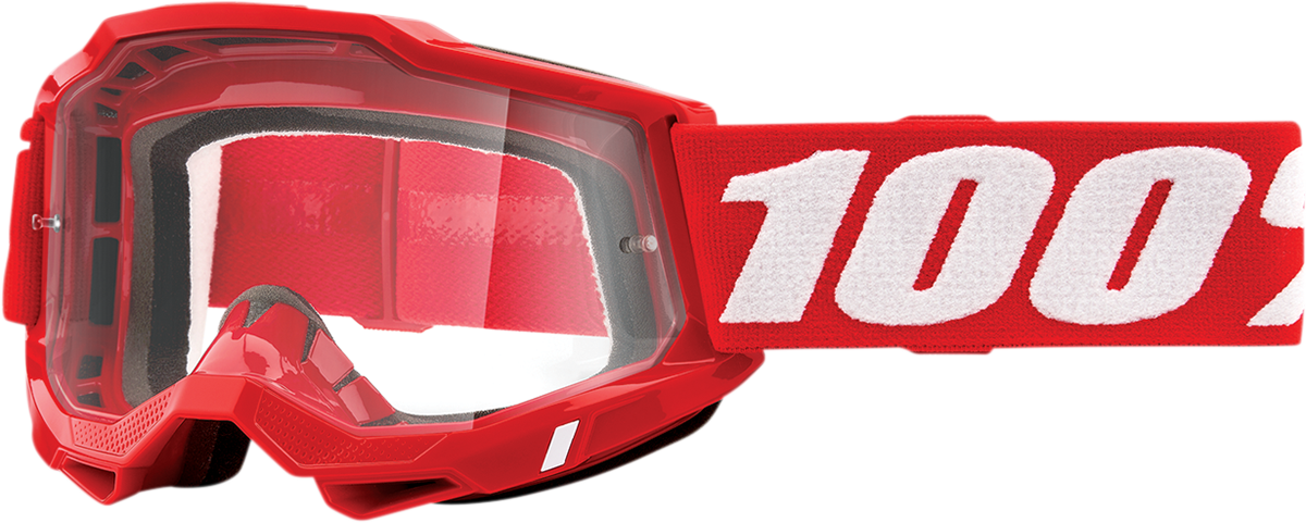 Bill's Exhausts 100% Accuri 2 goggles in red with clear lenses, featuring a sleek design and adjustable strap for secure fit.