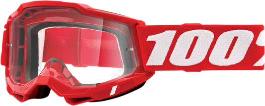 Bill's Exhausts 100% Accuri 2 goggles in red with clear lenses, featuring a sleek design and adjustable strap for secure fit.