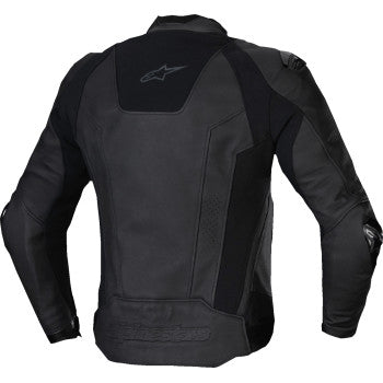 Black ALPINESTARS Missile v3 leather motorcycle jacket with sleek design, shown on a mannequin, US 38 / EU 48 size.
