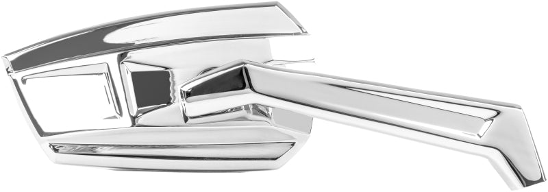 Kuryakyn Enygma chrome motorcycle mirrors with sleek design, part #10010-1, mounted on a motorcycle for customization.