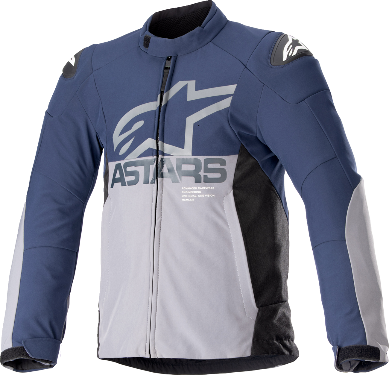 Alpinestars SMX waterproof jacket in navy and gray, large size, with visible waterproof fabric and jacket details.