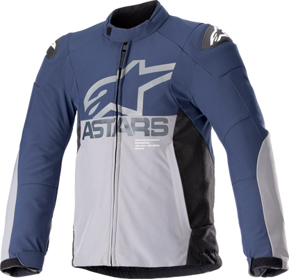 Alpinestars SMX waterproof jacket in navy and gray, large size, with visible waterproof fabric and jacket details.