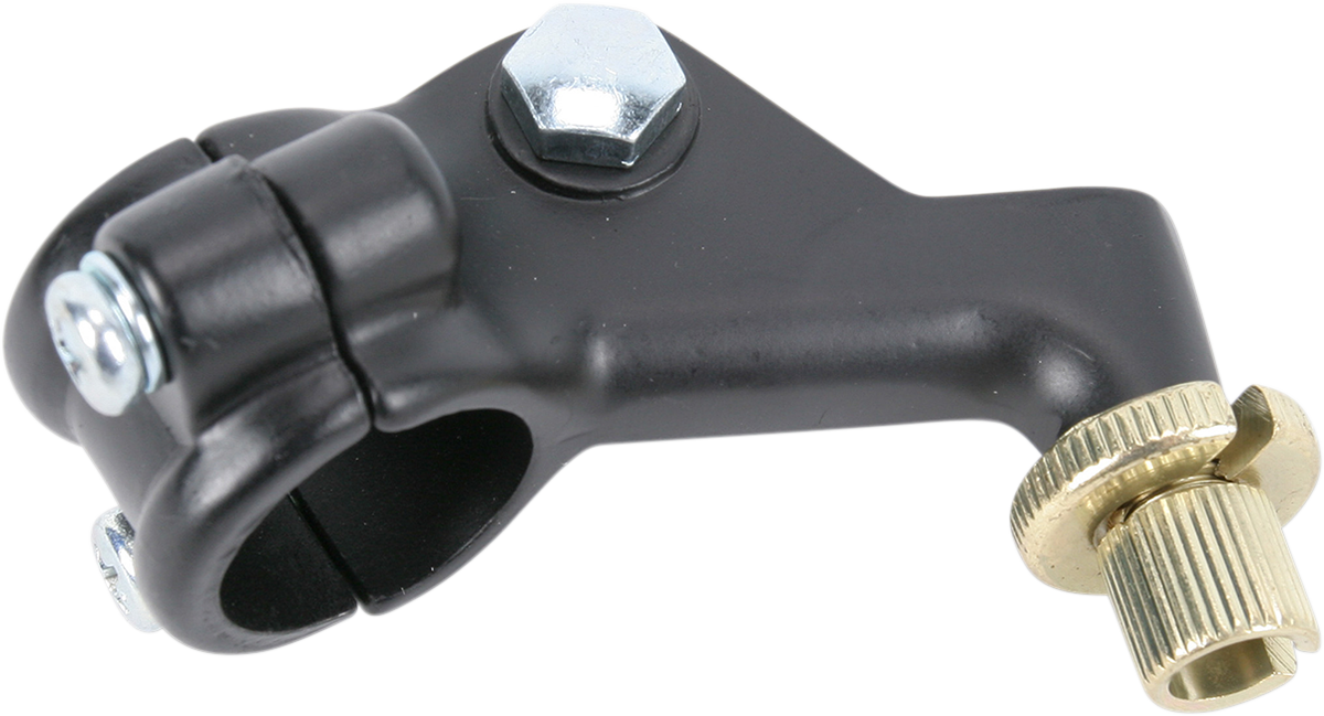 Parts Unlimited black two-piece lever holder for left side, motorcycle handlebar component with detailed design.