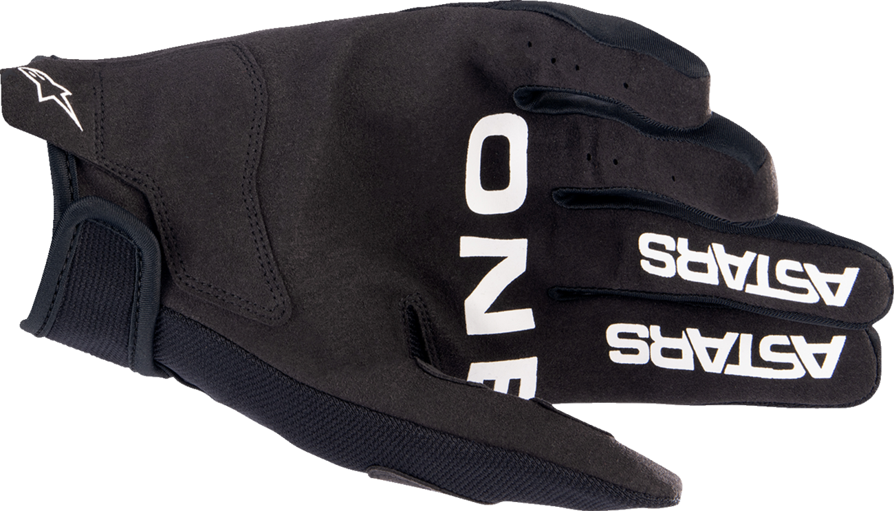 Black ALPINESTARS Youth Radar Gloves for kids, size small, with padded knuckles and adjustable wrist strap, suitable for motorcycle riding.