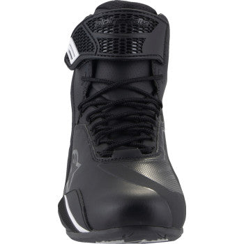 Black Alpinestars Faster-4 shoes in US 8.5 with sleek design and branding, showcased on a plain background.