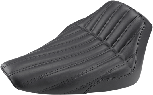 Black SADDLEMEN Knuckle Solo Seat with ribbed design for FLS motorcycles, featuring a sleek, contoured seat by Bill's Exhausts.