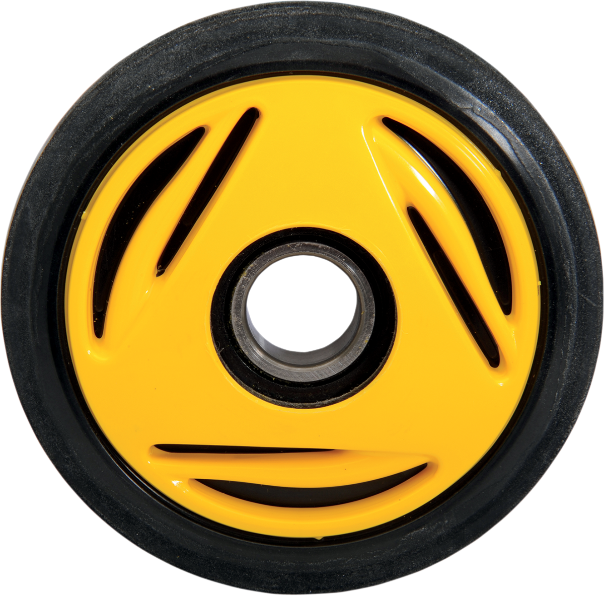 Parts Unlimited yellow idler wheel with bearing 6205-2RS, 135mm diameter, shown with bearing details in the image.