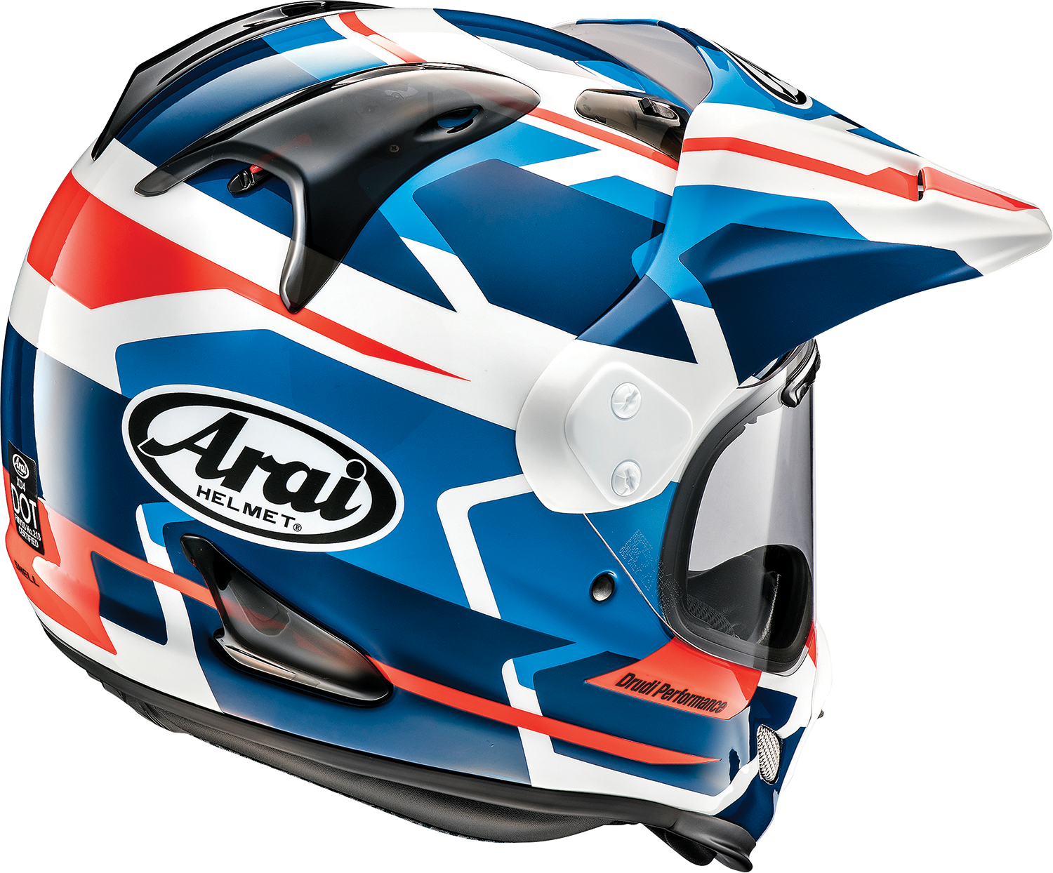 Arai XD-4 Depart white and blue motorcycle helmet with advanced ventilation and comfortable fit, designed for motorcyclists.